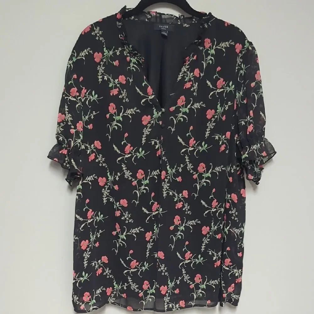 Haver Black and Pink Relaxed Ruffled Blouse